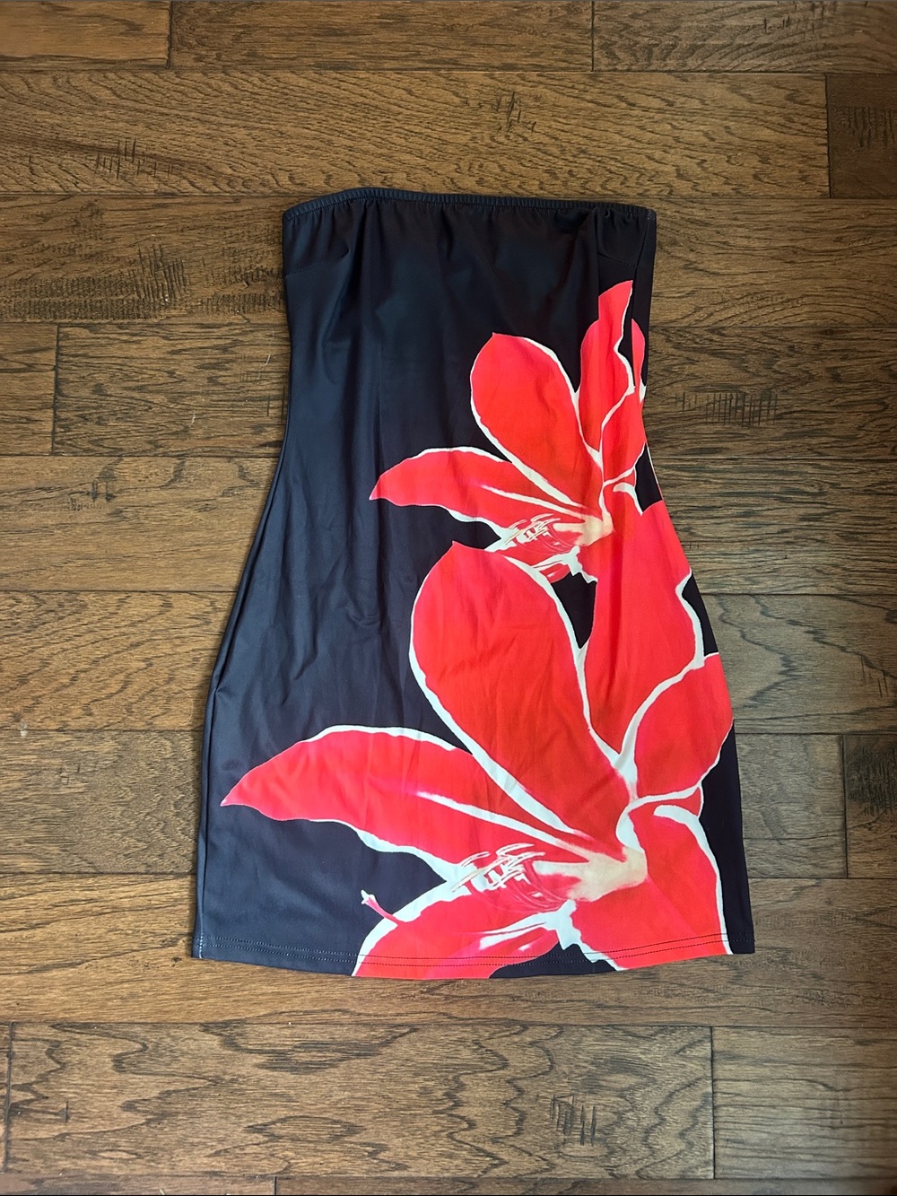 Amazon Black Mini Dress with Bold Red Floral Print